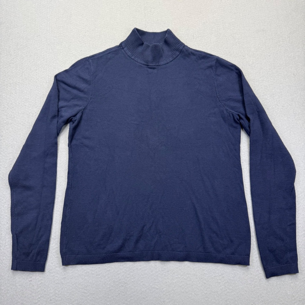Chicos Mock Neck Sweater Womens 0 Small Navy Blue Rayon Blend Fine Knit Long Slv